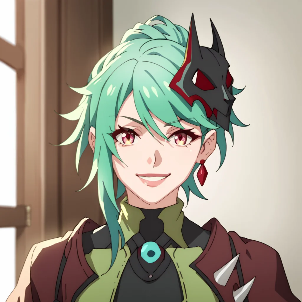 score_9, score_8_up, score_7_up, score_6_up, score_5_up, score_4_up, source_anime, Karna, green hair, mask, , smile, portrait