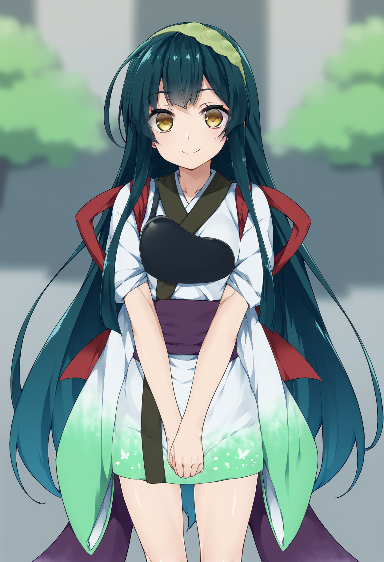 score_9, score_8_up, score_7_up, source_anime,  <lora:lowres_concept_ponyXL_v1:-0.3> 1girl, solo, looking at viewer, outdoors, 
BREAK,
<lora:touhoku_zunko_PonyXL_v1:1> touhoku zunko, very long hair, green hair, yellow eyes, green hairband, kimono, muneate, tasuki, sash, smile, standing, closed mouth, upper body,