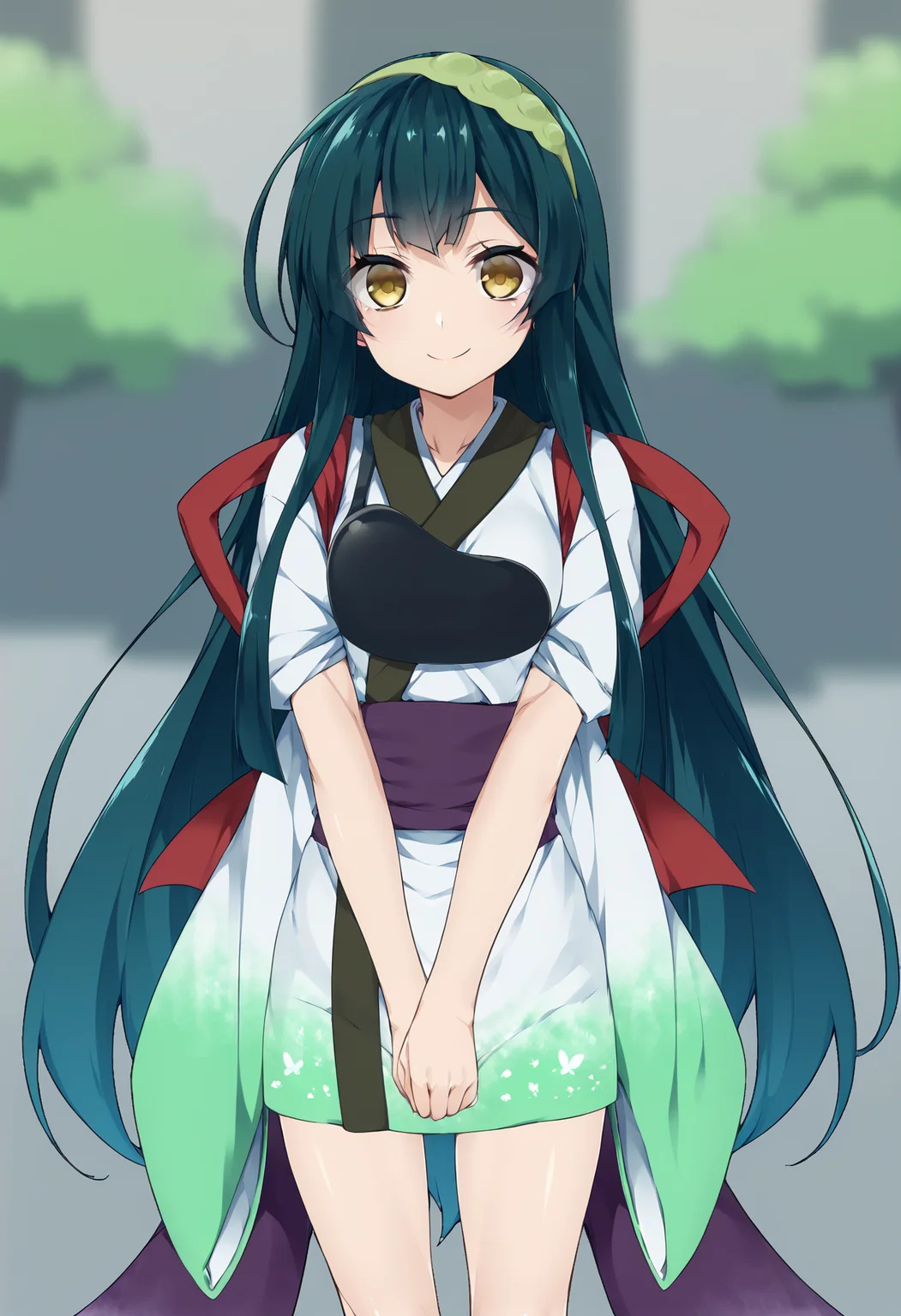 score_9, score_8_up, score_7_up, source_anime, <lora:lowres_concept_ponyXL_v1:-0.3> 1girl, solo, looking at viewer, outdoors,
BREAK,
<lora:touhoku_zunko_PonyXL_v1:1> touhoku zunko, very long hair, green hair, yellow eyes, green hairband, kimono, muneate, tasuki, sash, smile, standing, closed mouth, upper body,