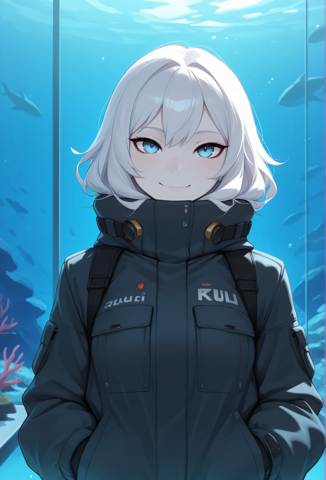 (masterpiece, best quality, very aesthetic, absurdres:1.2), 1girl, science fiction, aquarium, pale skin, white hair, straight-on, jacket, looking at viewer, smile, <lora:pudgeruffian_style_illustrious_v1:1> pudruf
