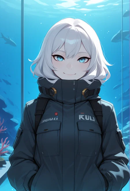 (masterpiece, best quality, very aesthetic, absurdres:1.2), 1girl, science fiction, aquarium, pale skin, white hair, straight-on, jacket, looking at viewer, smile, <lora:pudgeruffian_style_illustrious_v1:1> pudruf