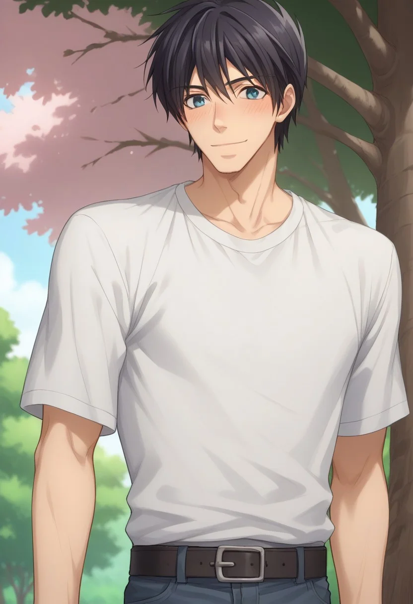 score_9, score_8_up, score_7_up, source_anime, highly detailed, slender,
nowaki, 1boy, male focus, solo, black hair, tree, blue eyes, blush, smile, nature, cherry blossom,
shirt, white shirt, t-shirt, black t-shirt, belt, pants, upper body,