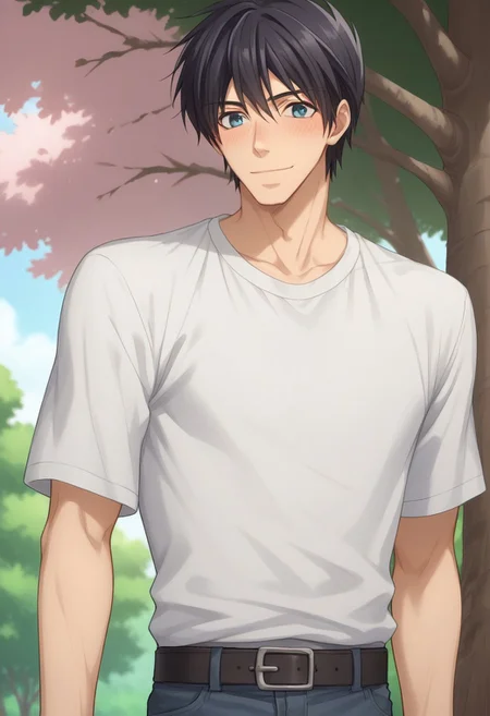 score_9, score_8_up, score_7_up, source_anime, highly detailed, slender,
nowaki, 1boy, male focus, solo, black hair, tree, blue eyes, blush, smile, nature, cherry blossom,
shirt,  white shirt, t-shirt, black t-shirt, belt, pants, upper body,