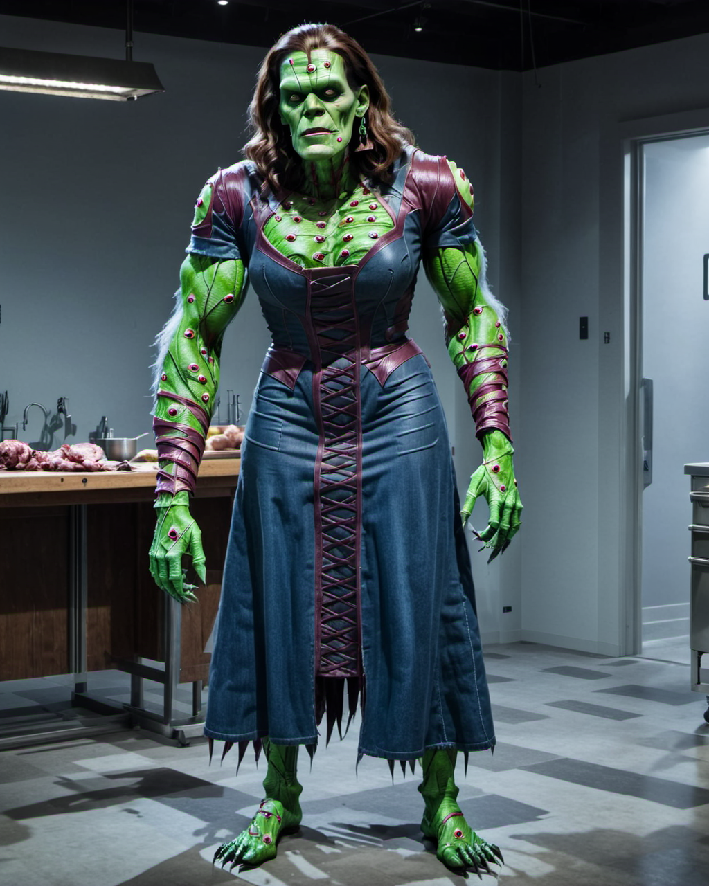 raw photo,cinematic shot,photorealistic,solo,a fleshmutant female frankenstein's monster  with long hair and patchwork skin,full body    <lora:Fleshmutant_R2-000003:1>