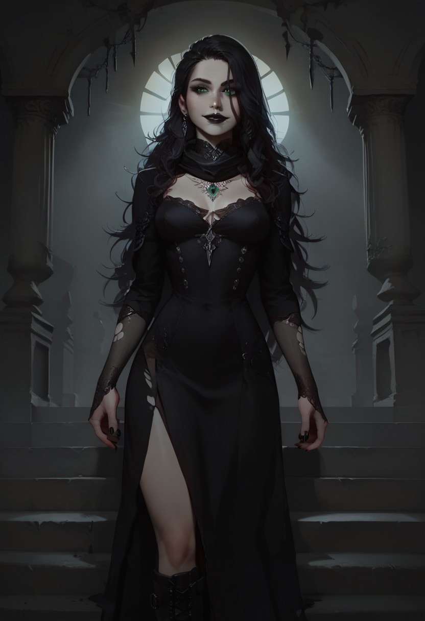 score_9, score_8_up, score_7_up, concept art, realistic, dark theme, perfect quality, masterpiece, highly detailed, dim light, Expressiveh, 4kFacePonyXL, ng_deepnegative_v1_75t,
anatomically perfect, bhands, glowing, neon lights,
portrait, gothic fantasy style, wide gothic grey marble staircase, outdoor scene, 
1girl, 30 years old woman, solo, tall regal figure, slender body, fit athletic body, beautiful face, pale skin, black boots, slightly torn elegant long black robes, thick robes, rags, robes covering body from neck to ankle, black scarf, holes in robe, dark black messy hair with gray streaks, waist length hair, long hair, large sexy eyes, vibrant green eyes, black nail polish, standing at top of the staircase, black wings made of shadow and darkness, black lipstick, soft smile, silver ring with ruby stone, silver diamond earrings, lace gloves, diamond nose stud piercing, silver necklace with ruby medallion, looking at viewer,