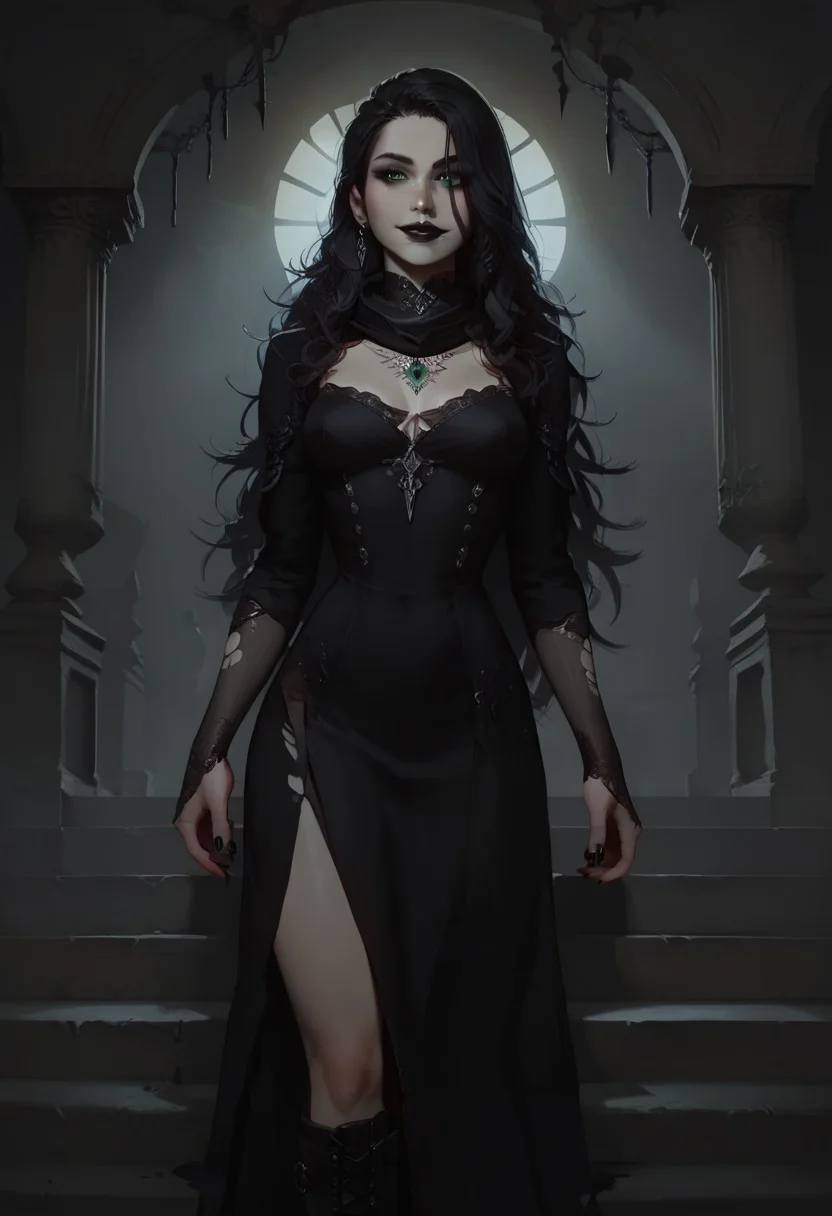 score_9, score_8_up, score_7_up, concept art, realistic, dark theme, perfect quality, masterpiece, highly detailed, dim light, Expressiveh, 4kFacePonyXL, ng_deepnegative_v1_75t,
anatomically perfect, bhands, glowing, neon lights,
portrait, gothic fantasy style, wide gothic grey marble staircase, outdoor scene, 
1girl, 30 years old woman, solo, tall regal figure, slender body, fit athletic body, beautiful face, pale skin, black boots, slightly torn elegant long black robes, thick robes, rags, robes covering body from neck to ankle, black scarf, holes in robe, dark black messy hair with gray streaks, waist length hair, long hair, large sexy eyes, vibrant green eyes, black nail polish, standing at top of the staircase, black wings made of shadow and darkness, black lipstick, soft smile, silver ring with ruby stone, silver diamond earrings, lace gloves, diamond nose stud piercing, silver necklace with ruby medallion, looking at viewer,