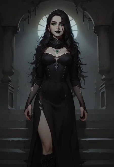 score_9, score_8_up, score_7_up, concept art, realistic, dark theme, perfect quality, masterpiece, highly detailed, dim light, Expressiveh, 4kFacePonyXL, ng_deepnegative_v1_75t,
anatomically perfect, bhands, glowing, neon lights,
portrait, gothic fantasy style, wide gothic grey marble staircase, outdoor scene, 
1girl, 30 years old woman, solo, tall regal figure, slender body, fit athletic body, beautiful face, pale skin, black boots, slightly torn elegant long black robes, thick robes, rags, robes covering body from neck to ankle, black scarf, holes in robe, dark black messy hair with gray streaks, waist length hair, long hair, large sexy eyes, vibrant green eyes, black nail polish, standing at top of the staircase, black wings made of shadow and darkness, black lipstick, soft smile, silver ring with ruby stone, silver diamond earrings, lace gloves, diamond nose stud piercing, silver necklace with ruby medallion, looking at viewer,