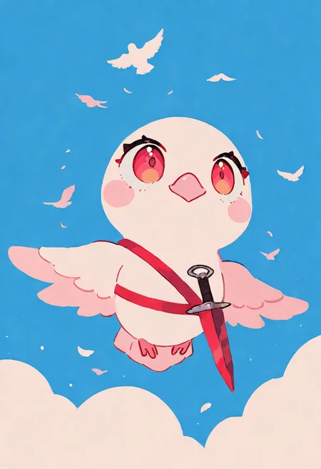 (pigeon:1.2), pigeon, (no humans:1.1), (cute:1.2), flying, sky, big eyes, open wings, grabbing dagger with , dagger on back leg,
very awa, masterpiece, highres, absurdres solo, score_9, score_8_up, score_7_up, cute, chibi, kawaii, 2d color, simple color, simple shading, flat color, chibi