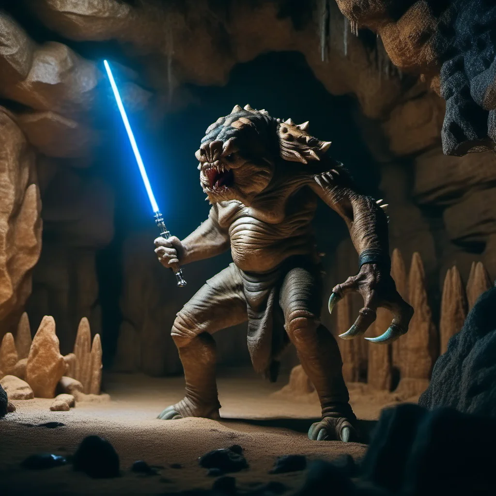 cinematic photo a full body portrait monster, claws, sharp teeth, cave, chains, a jedi with an energy saber <lora:Rancor1024:0.8> . 35mm photograph, film, bokeh, professional, 4k, highly detailed
