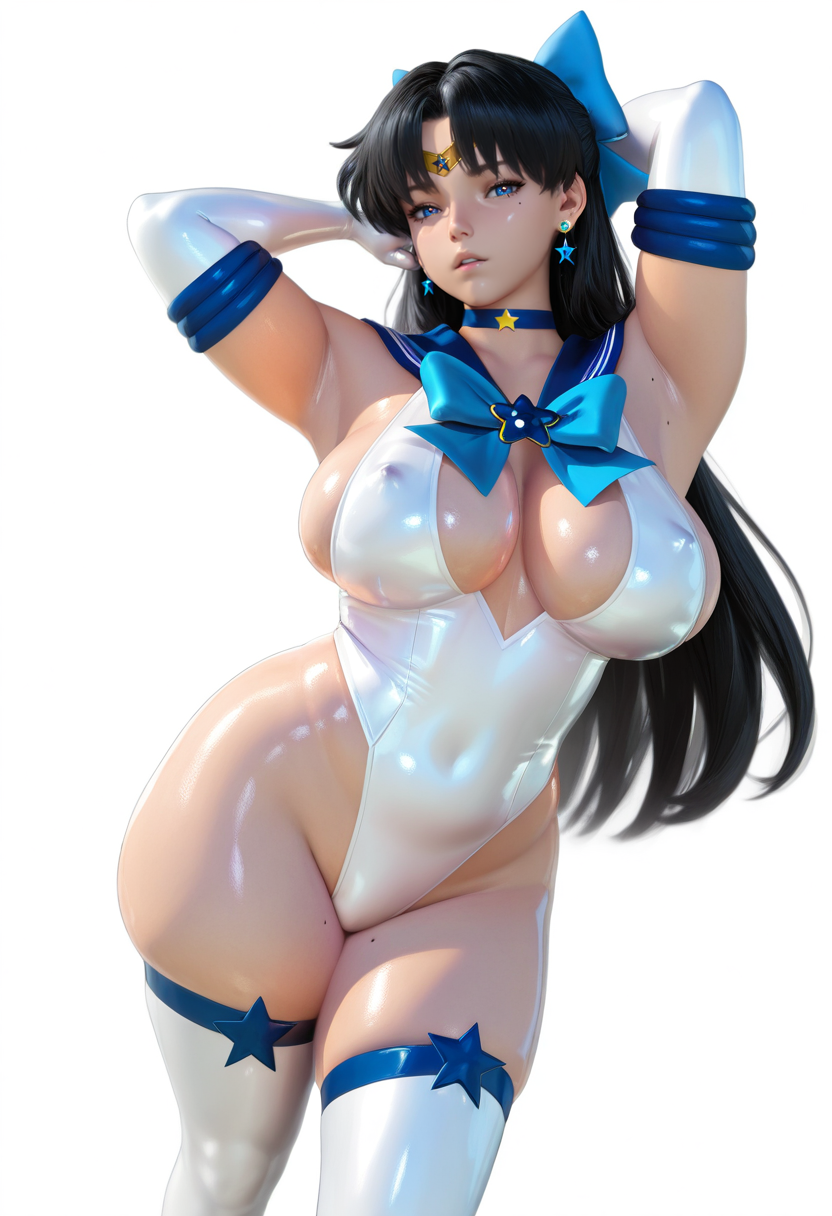 masterpiece, best quality, amazing quality, very aesthetic, absurdres, newest,
<lora:Artnip:1> S4s4k1Nsfw, 3d, shiny skin, 
 1girl, breasts, solo, jewelry, long hair, star, (symbol), gloves, black hair, elbow gloves, thighhighs, earrings, leotard, large breasts, thick thighs, choker, thighs, white gloves, mole, arm up, mole on thigh, parted lips, covered nipples, armpits, lips, mole on breast, white background, highleg, skindentation, white thighhighs, curvy, magical girl, blue eyes, bow, simple background, looking at viewer, boots, shiny, shiny skin
