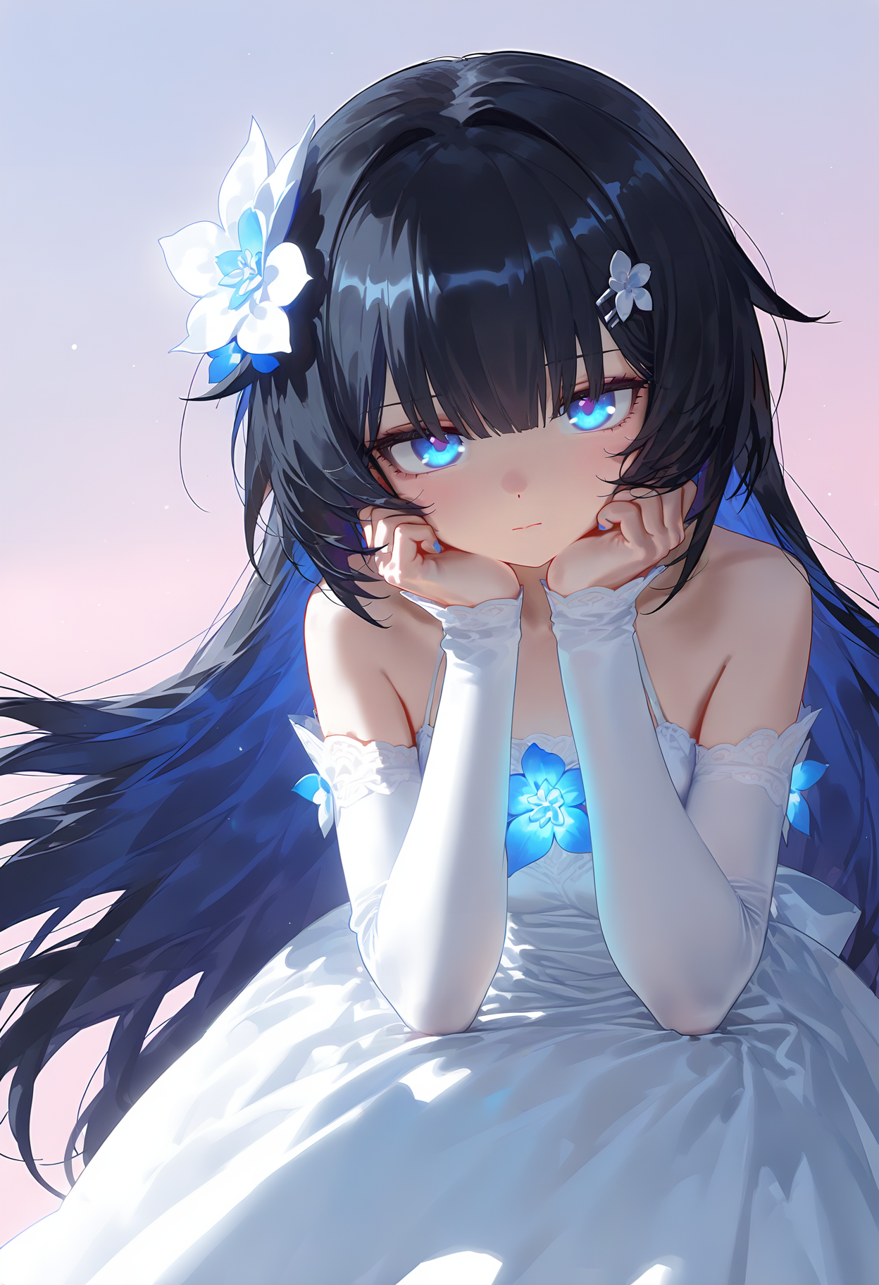 1girl,honkai \(series\),honkai impact 3rd,:|,bare shoulders,black hair,blue eyes,blue flower,blue hair,blush,closed mouth,collarbone,colored inner hair,dot nose,dress,expressionless,flower,glowing,hair between eyes,hair flower,hair ornament,hands on own cheeks,hands on own face,head rest,leaning forward,long hair,looking at viewer,multicolored hair,sleeveless,sleeveless dress,solo,straight hair,upper body,white dress,sidelocks,pink background,blunt bangs,hands up,detached sleeves,light smile,crossed arms,shade,gradient background,glowing eyes,two-tone hair,floating hair,light particles,fingernails,very long hair,white flower,blue nail polish <lora:nyaliaXL_NB11_lokr_V6311P:0.95>