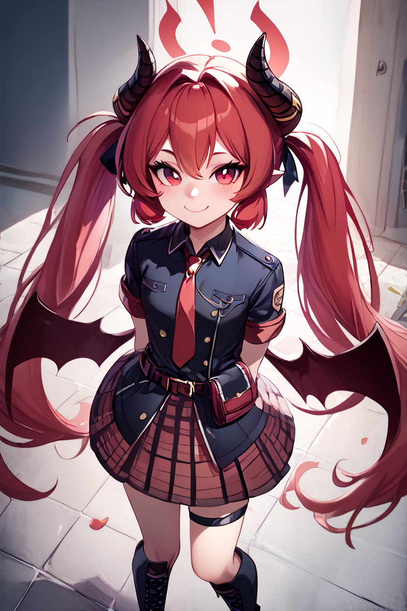 score_9, score_8_up, score_8, medium breasts, (curvy), cute, eyelashes,       BREAK, , ,,, zzJunko, red eyes, red hair,  red halo, horns, long hair, twintails, halo, demon horns, pointy ears, wings, hair between eyes, demon wings, very long hair, black horns, low wings,  ribbon black shirt, pleated skirt, red skirt, short sleeves, plaid skirt, red necktie, thigh strap, belt, fang, black footwear, boots, <lora:Junko_BlueArchive_PDXL:0.8>,   ,,,, BREAK, closed mouth, alternate costume, smile, looking at viewer, collared shirt, blush, sweater, black skirt, eyelashes, long sleeves, sleeves past wrists, plaid skirt, shoulder bag, black bag, blurry, tile floor, pleated skirt, white shirt, cowboy shot, ,,, embedding:zPDXL, Expressiveh, ,,, <lora:Vivid:0.7>, <lora:LFashionPDXL:1>, <lora:Uncensored_PonyXL_cpt_v02.09:0.4>, <lora:Expressive_H-000001:0.4>,