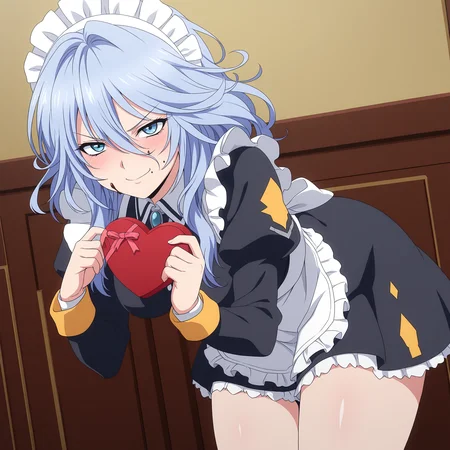 masterpiece, best quality, amazing quality, anime screencap, 1girl, solo, heart-shaped box, chocolate on face, looking at viewer, smile, angry, <lora:shiony:0.9>, shiony regis, blue hair, blue eyes, maid, medium breasts, thick thighs,