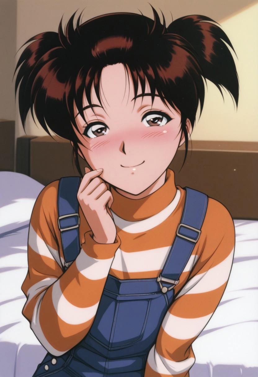 score_9, score_8_up, score_7_up, source_anime,masterpiece, best quality, retro_artstyle, 1990s_\(style\),official art,a girl,solo, Kindaichi Fumi,short_twintails,black_hair,black_eyes,(flat chests,overalls on striped_shirt,striped_sleeves),(detailed face and eyes,blush),shy,smile,looking at viewer,(upper body),bedroom,on bed