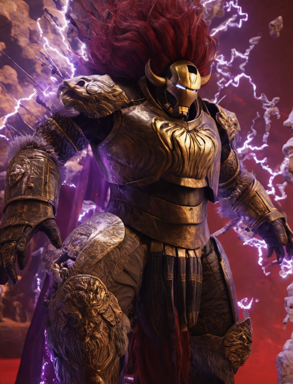 starscourgexl iron man,full armor,general radahn,glowing purple electricity,horned helmet,red hair,tusks,red background,epic,awardwinning,masterpiece,((realistic)),128k UHD,octane render,sharp focus,trending on artstation,raw photograpy, <lora:Starscourgexl-step00000357:1>
