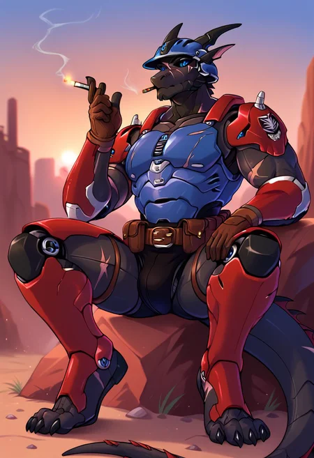 (masterpiece: 1.2), (detail: 1.1), (high resolution, best quality: 1.2), highly detailed background, Score_9, Score_8_up, Score_7_up, Score_6, Score_5, Score_4,
anthro dragon, male ,solo
male focus, athletic male, dark theme), low light, ((western dragon)) ((black body, scars)), ((blue eyes, black sclera), slit pupils),
modern soldier armor, 
Individual soldier exoskeleton armor
armor, belt, gloves, mecha, robot, holding
He holds a cigarette in his fingers, a helmet in his hand, and a futuristic weapon lies at the dragon’s feet.
A broken tank on the battlefield,
anthropomorphic dragon, a soldier sits on a stone, smoking a cigarette, looking tiredly at the sky.