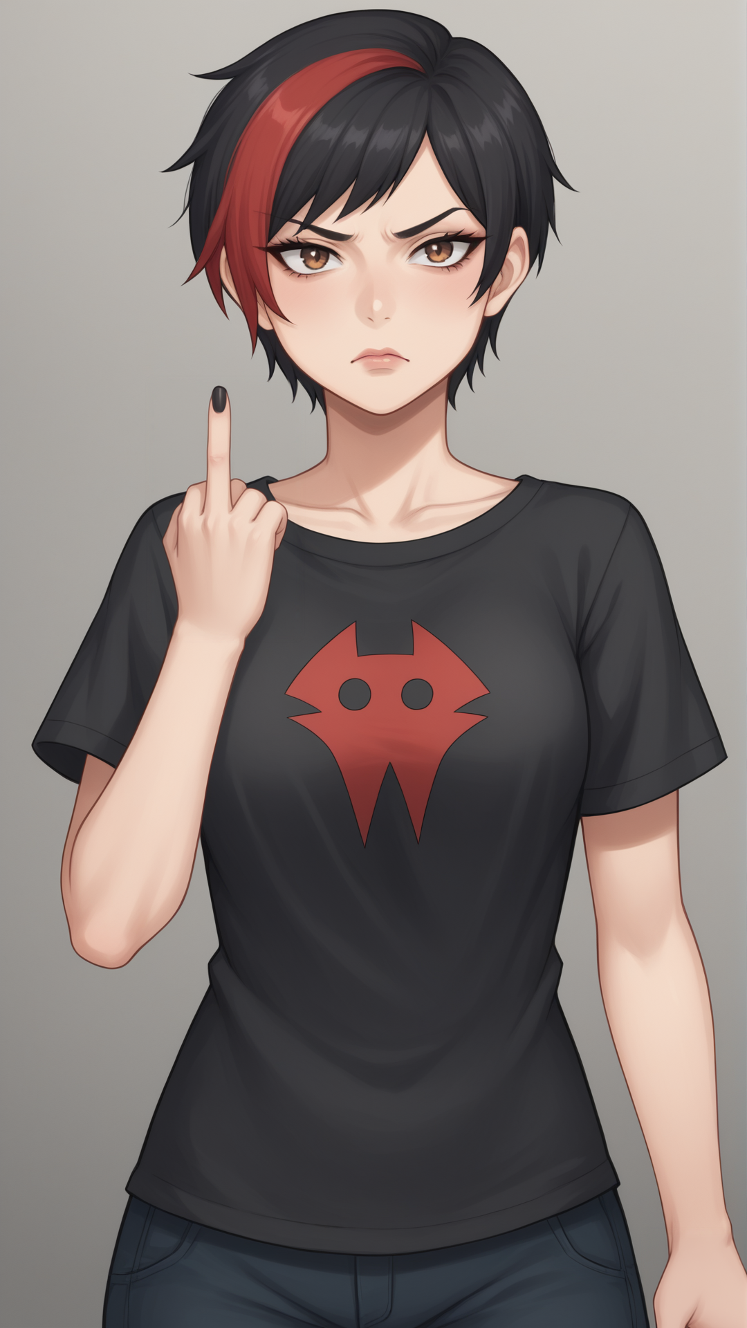 score_9, score_8_up, score_7_up, BREAK source_anime, best quality, masterpiece, ultra detailed,
<lora:Everlasting_Summer_Olesya_V2_by_GraffMetal:0.7>, olesya, brown eyes, short hair, black hair, red hair, two-tone hair, multicolored hair, streaked hair, 1girl, solo, medium breasts, 
black eyeliner cat eye, pink lips, black short nails,
 annoyed face, side from, black t-shirt, middle finger
amzing background,