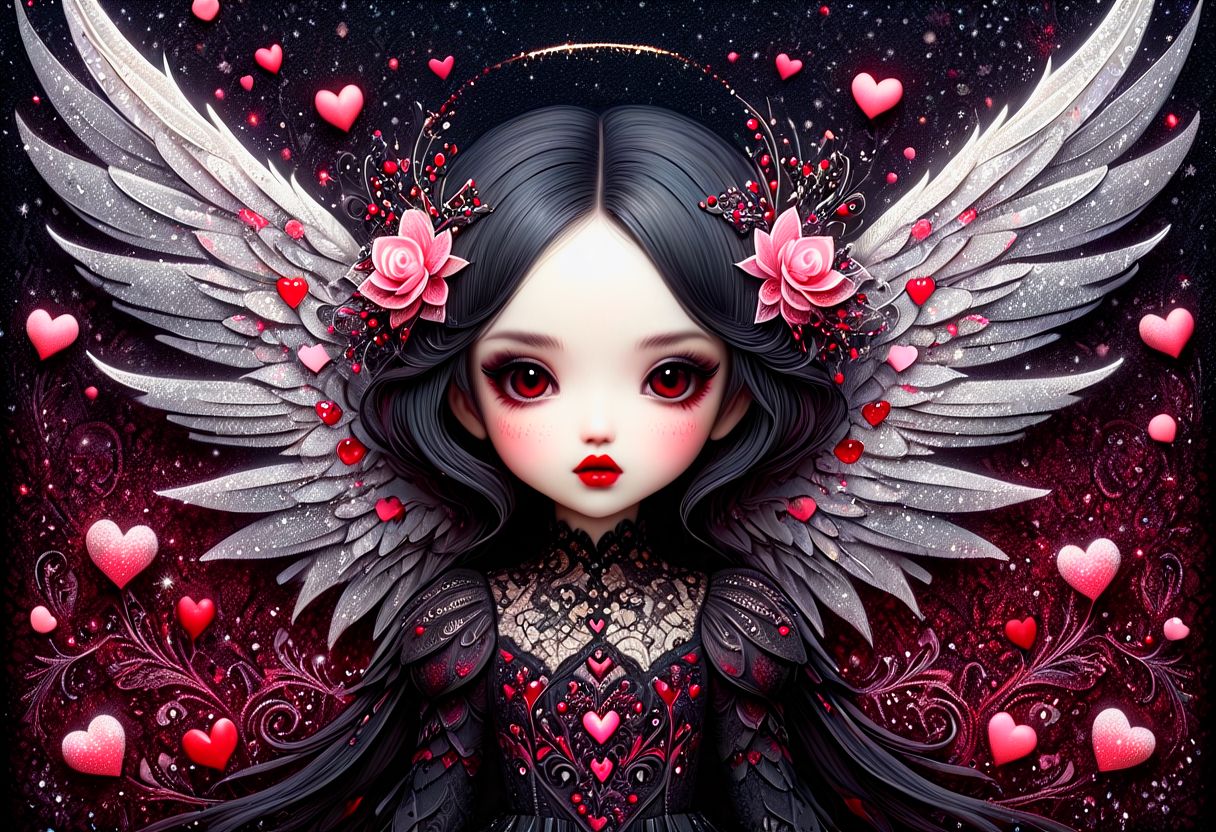 beautiful hyper detailed ultra realistic hyper detailed beautiful dark chibi fairy, shadow woman red lips graphic, dark intricate wings on back, in the style of Charlie Bowater, nicoletta ceccoli , dark  Whimsical, Detailed Fantasy, black lace Background pattern with tiny  3d red and pink hearts, Glitter, White Thorns, Muted Colors, Explosion, Intricate Extremely Detailed, Hyperdetailed, style of monica lee, Hgonzag, Camilla d'Errico Diego Gisbert,Winter wonder land art art, Masterpiece, trending on artstation, featured on pixiv, cinematic composition, 8K