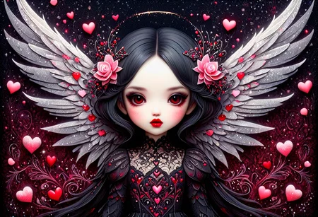 beautiful hyper detailed ultra realistic hyper detailed beautiful dark chibi fairy, shadow woman red lips graphic, dark intricate wings on back, in the style of Charlie Bowater, nicoletta ceccoli , dark Whimsical, Detailed Fantasy, black lace Background pattern with tiny 3d red and pink hearts, Glitter, White Thorns, Muted Colors, Explosion, Intricate Extremely Detailed, Hyperdetailed, style of monica lee, Hgonzag, Camilla d'Errico Diego Gisbert,Winter wonder land art art, Masterpiece, trending on artstation, featured on pixiv, cinematic composition, 8K
