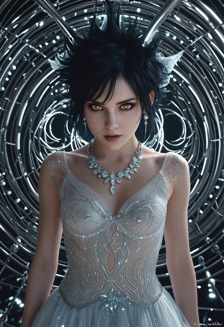 professional 3d model <lora:ul0px:1>,ul0px,(dress, jewelry, necklace, earrings, fantasy art),<lora:Beeple_holography-000005:1>,Beeple,(holography, volumetric lights, scenery, aura:1.3),, (Height, Petite, standing at approximately 4 feet 10 inches:1), (Build, Slim and graceful, with a delicate frame that emphasizes her agility and speed:1), (Hair, Short, spiky, and jet-black hair, styled in a tousled, pixie-like fashion, giving her a playful and unique look:1), (Eyes, Golden or amber-colored eyes, eyes are large and expressive, adding to her charming and mischievous aura:1), (Skin, Pale, alabaster skin that sparkles like diamonds in sunlight, as typical of vampires in the Twilight universe:1), . octane render, highly detailed, volumetric, dramatic lighting
