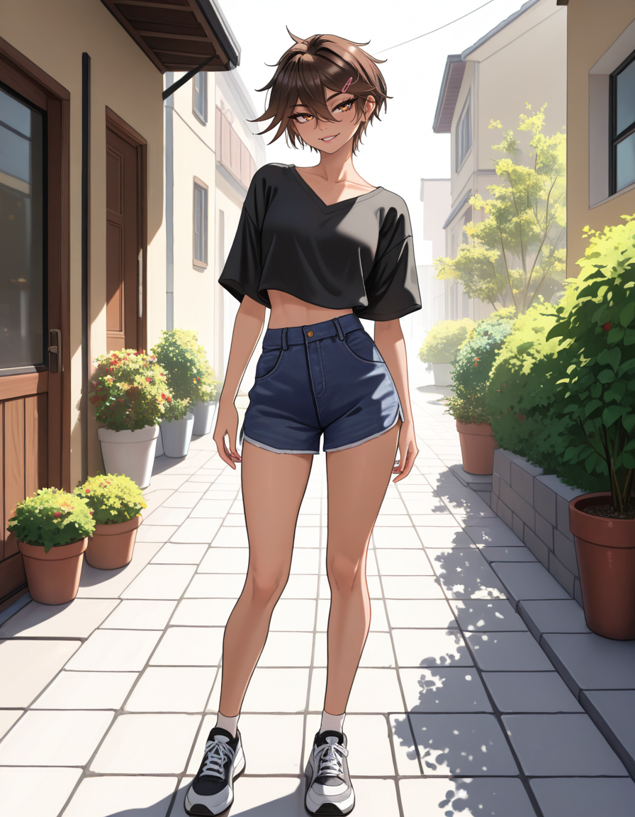 masterpiece, best quality, very aesthetic, absurdres,
outdoors, casual, 
full body, standing, posing, 
 seductive smile, parted lips, long eyelashes,
<lora:Sasha_v01_NAIXL:1>
S4sh4,1girl,solo,tomboy,short hair,brown hair,hairclip,hair between eyes,brown hair,bangs,