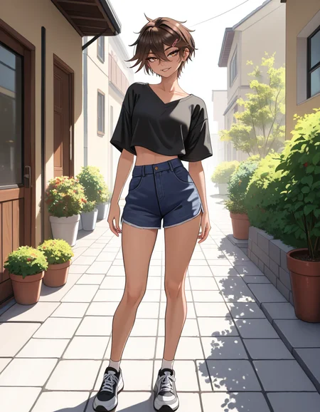 masterpiece, best quality, very aesthetic, absurdres,
outdoors, casual,
full body, standing, posing,
seductive smile, parted lips, long eyelashes,
<lora:Sasha_v01_NAIXL:1>
S4sh4,1girl,solo,tomboy,short hair,brown hair,hairclip,hair between eyes,brown hair,bangs,
