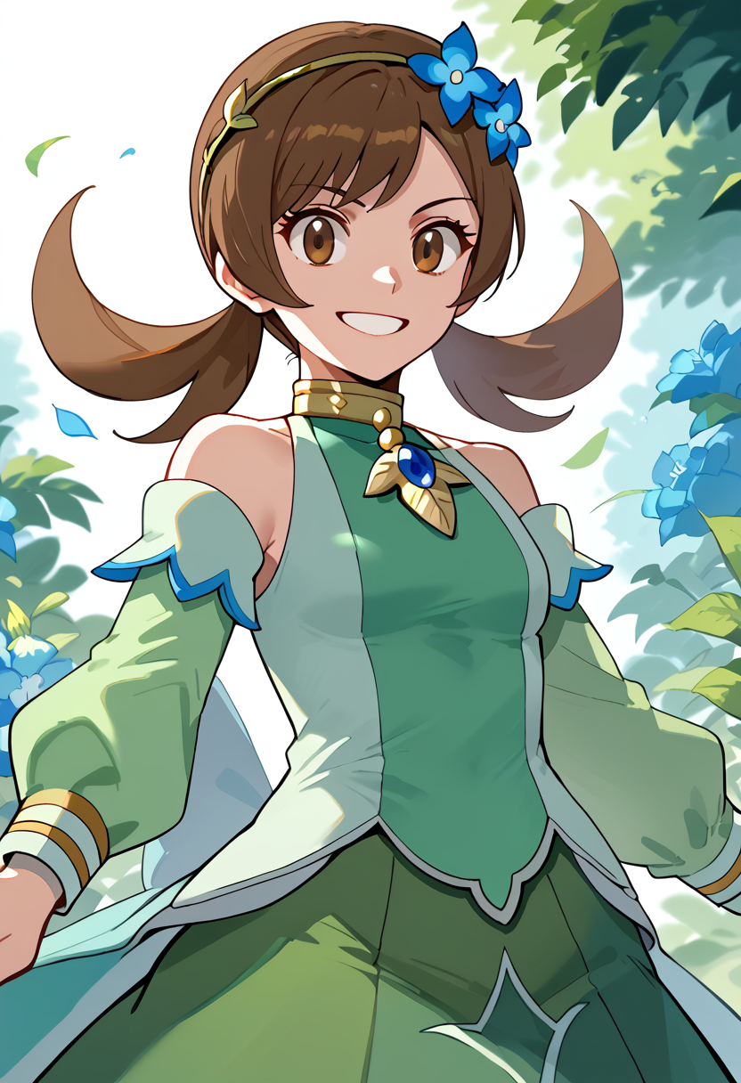 Posing as if shouting into the distance,  smile,  solo, 1girl,  <lora:LyraPony-10:1> Lyra_Sygna, long hair, brown hair, twintails, yellow hairband, hair flower, flower, blue flower, brown eyes, dress, green dress, skirt, green skirt, bare shoulders, detached sleeves,, score_9, score_8_up, score_7_up, score_6_up, score_5_up, score_4_up,