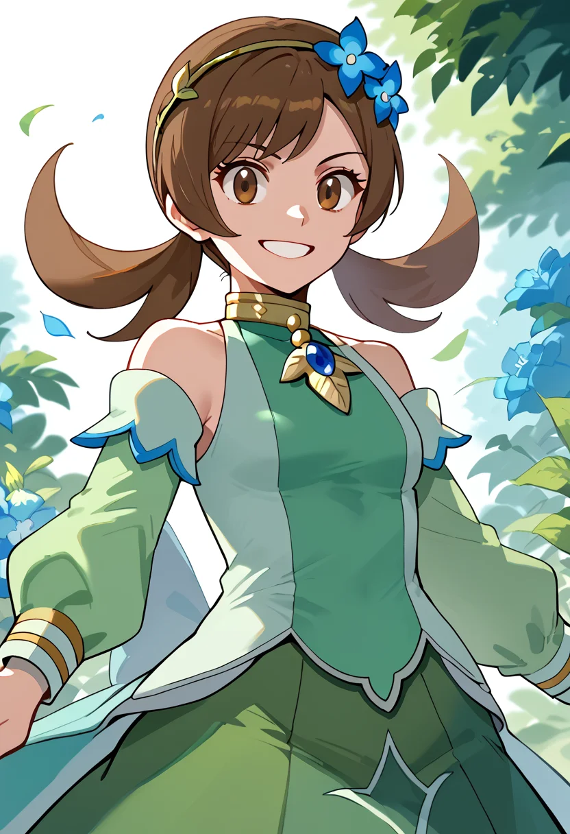 Posing as if shouting into the distance, smile, solo, 1girl, <lora:LyraPony-10:1> Lyra_Sygna, long hair, brown hair, twintails, yellow hairband, hair flower, flower, blue flower, brown eyes, dress, green dress, skirt, green skirt, bare shoulders, detached sleeves,, score_9, score_8_up, score_7_up, score_6_up, score_5_up, score_4_up,