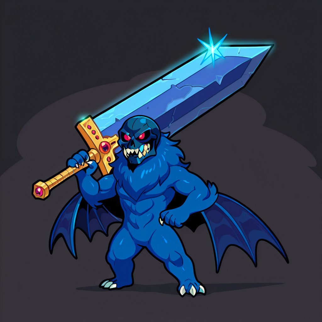 detailed, masterpiece, high quality, absurdres, solo, full body, battle pose, chibi, 
weapon over shoulder, oversized object, huge weapon, greatsword, standing, full body, 
solomon, kaiju, demonic kaiju, no humans, humanoid, dark blue skull face, monster, dark blue fur, dark blue skin, glowing red eyes, sharp teeth, humanoid arms, sharp claws, white claws, bat wings coming out of his arms
