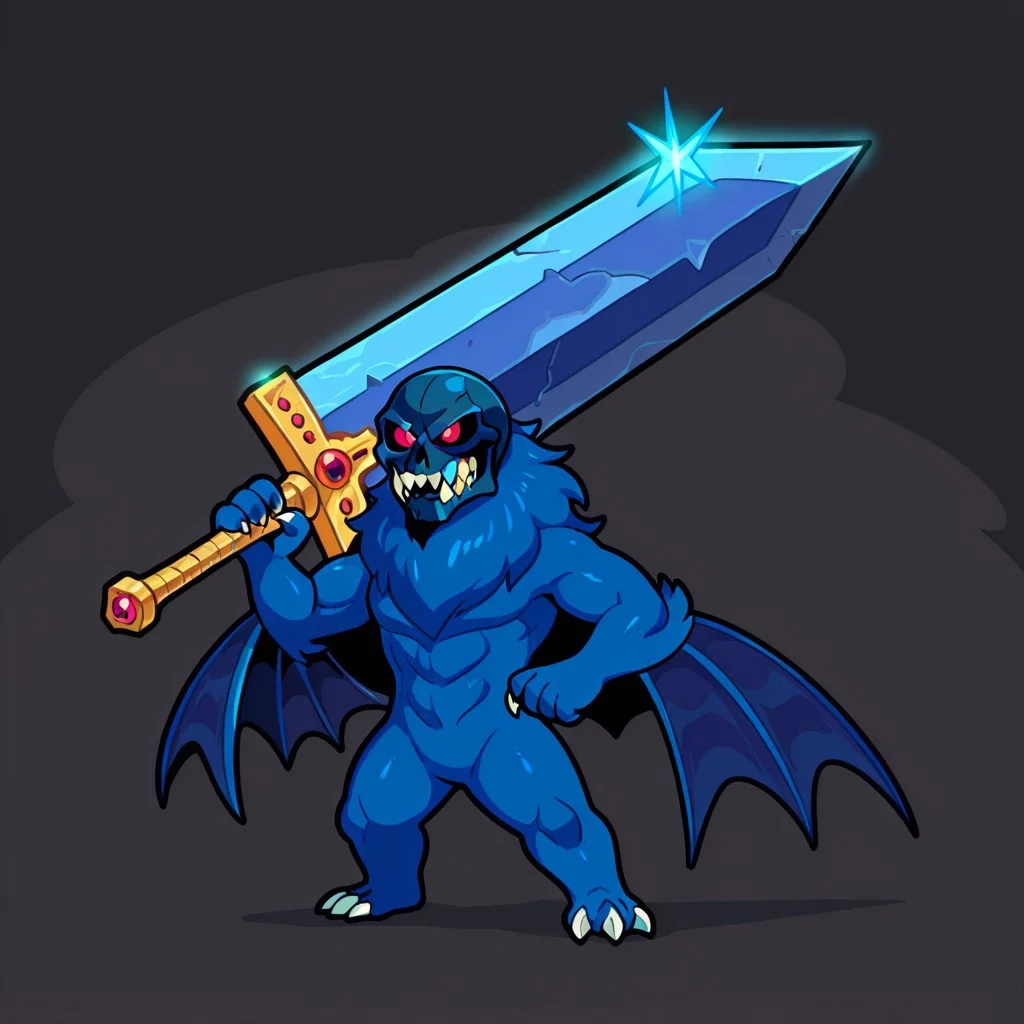 detailed, masterpiece, high quality, absurdres, solo, full body, battle pose, chibi,
weapon over shoulder, oversized object, huge weapon, greatsword, standing, full body,
solomon, kaiju, demonic kaiju, no humans, humanoid, dark blue skull face, monster, dark blue fur, dark blue skin, glowing red eyes, sharp teeth, humanoid arms, sharp claws, white claws, bat wings coming out of his arms