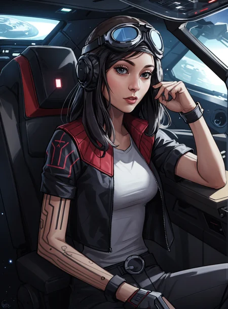 best quality, <lora:Aphra_Merged:0.85:lbw=ALL>, sci-fi, solo, aphra, jacket, goggles on headwear, short sleeves, sitting in a cockpit of space ship, upper body, control panels,<lora:weight_slider_v2:-0.25>