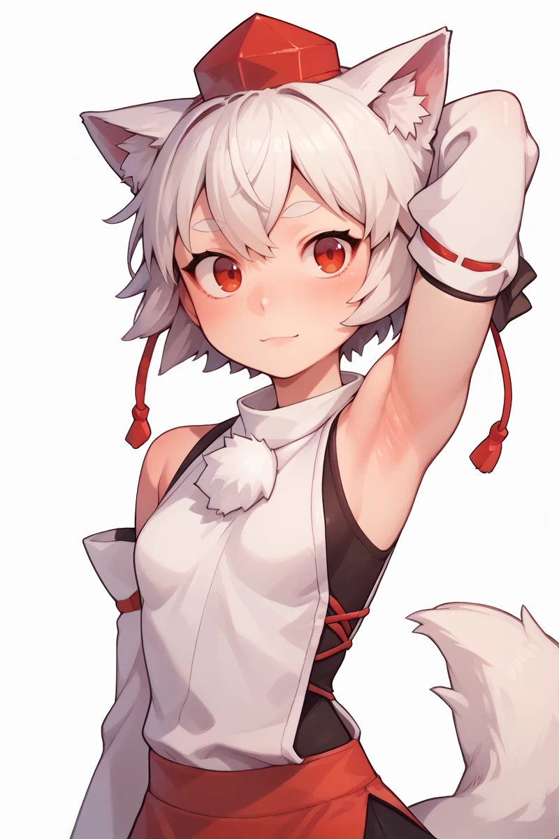 score_9, score_8_up, score_8, score_9, 1 girl, source_anime, <lora:inubashiri_momiji_pony-10:0.8> inubashiri momiji, white hair, short hair, wolf ears, red eyes, tokin hat, detached sleeves, armpits, two-tone skirt, <lora:PossumMachine:0.8> posmach <lora:OtherStyle_03-000003:0.8>
