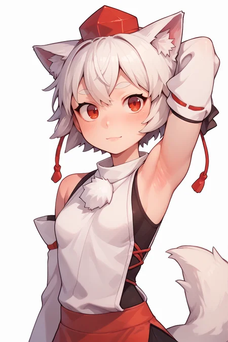 score_9, score_8_up, score_8, score_9, 1 girl, source_anime, <lora:inubashiri_momiji_pony-10:0.8> inubashiri momiji, white hair, short hair, wolf ears, red eyes, tokin hat, detached sleeves, armpits, two-tone skirt, <lora:PossumMachine:0.8> posmach <lora:OtherStyle_03-000003:0.8>