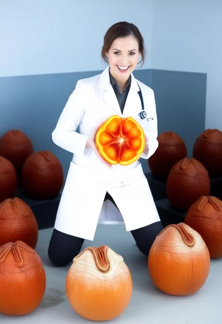 fchgr, blood orange style, xenoegg, view of a group of hatched xenoeggs, xenoeggs made of orange peel, horror theme, green light, space station interior, foggy ground, beautifully lit,
Female Doctor in lab coat with facehugger jumping at her, facehugger, alien facehugger