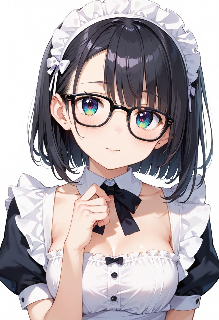 score_9, score_8_up, score_7_up, rating_safe, masterpiece, best quality, absurdres, unity 8k wallpaper, official art, official style, source_anime, uncensored, game cg, megami magazine,
1girl, solo, black hair, medium hair, upper body, covered eyes,maid, maid headdress, black dress, maid apron, face focus,
Wellington24S, glasses, white background, simple background, black-framed eyewear
 <lora:glasses_Wellington24S_PONY_V1:1>