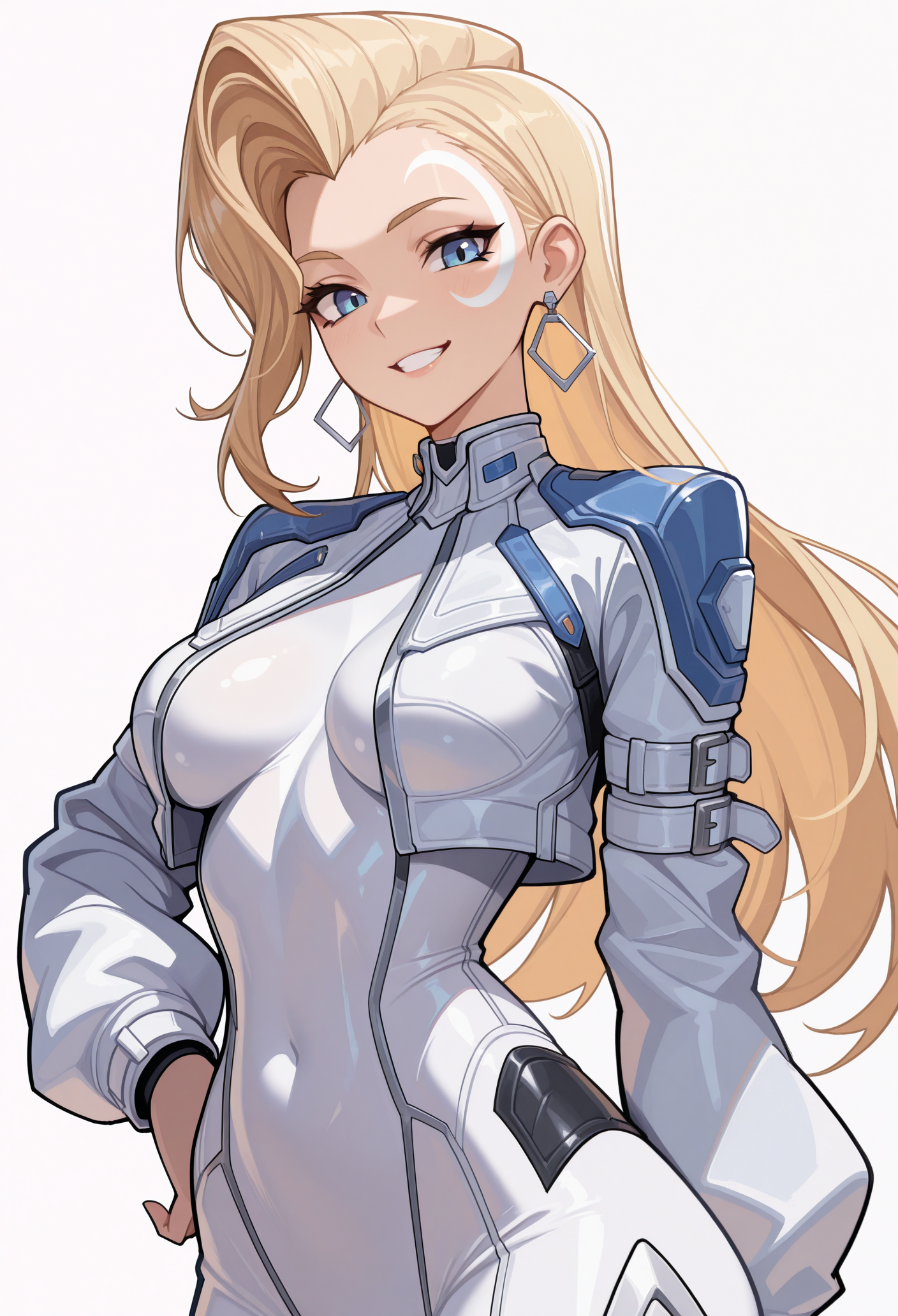 1girl, solo, looking at viewer, hand on own hip, grin, white background, simple background, blonde hair, long hair, asymmetrical hair, crescent facial mark, blue eyes, earrings, white bodysuit, long sleeves, cropped jacket, white jacket, skin tight, 
masterpiece, best quality, <lora:daggerMR-guy90-Illust-LoraV101:1>, reggad