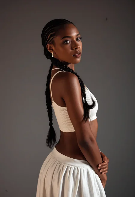 sdxl_lenruadi, cinematic photo, wearing a white crop top with high-waist skirt, perfect box braid hair, under moonlit glow, stylized fashion noir with a mysterious, sensual vibe