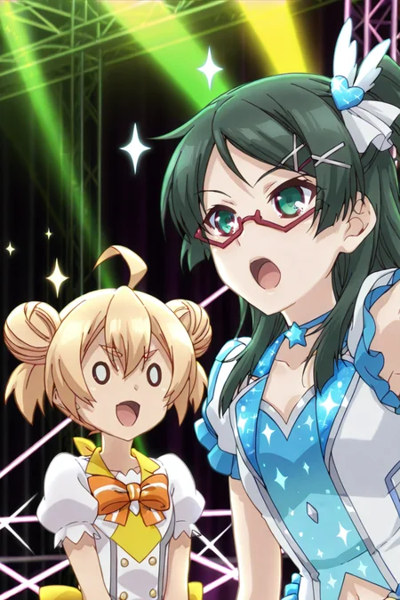 detailed background, shiny skin, posing,
heart, bloom, glitter, sparkle,
<lora:prisma.il:1>,
prisma,
(multiple girls, 2girls:1.8),
tatsuko, suzuka, 
idol costume, upper body, open mouth, peace,