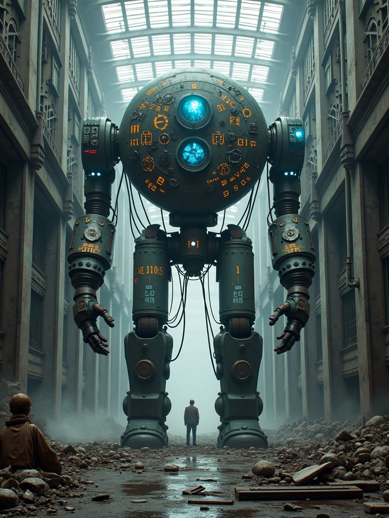 In an abandoned factory, there stands a huge mechanical creature. This creature is composed of countless metal parts and cables. Its body is tall and majestic, like a mountain forged by steel. The head of the mechanical creature is a huge round sphere. On the sphere, countless indicator lights and screens are flashing. The screens display complex codes and data. Its eyes are two balls of burning blue flames. It seems that there is endless power in the flames. The body of the mechanical creature is covered with a thick layer of armor. On the armor are engraved mysterious patterns and symbols. These patterns and symbols are flashing with golden light, as if telling the legendary story of this mechanical creature. At the feet of the mechanical creature is a broken metal ground. On the ground are scattered various parts and tools. The air is filled with the smell of oil and metal. The whole picture is filled with a sense of technology and futurism, as if it is a masterpiece from the science fiction world.