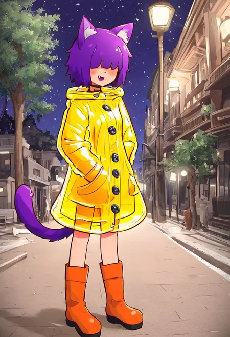 masterpiece, best quality, amazing aestethics, 4k, 1girl, orange raincoat, cute, amiibo art style, pvc figure, solo, (orange raincoat, baggy clothing:1.3), hands inside pockets, hood down, blush, short hair, hair covering eyes, eyes no visible, bangs, wearing black chocker, cat smile, visible fang, purple hair, purple cat ears, purple cat tail, standing, outdoors, orange boots, tree, night, stars, blurry background, cowboy shoot:1.3, (detailed background, outside, town background, sidewalk, street, street lamp:1.2)
