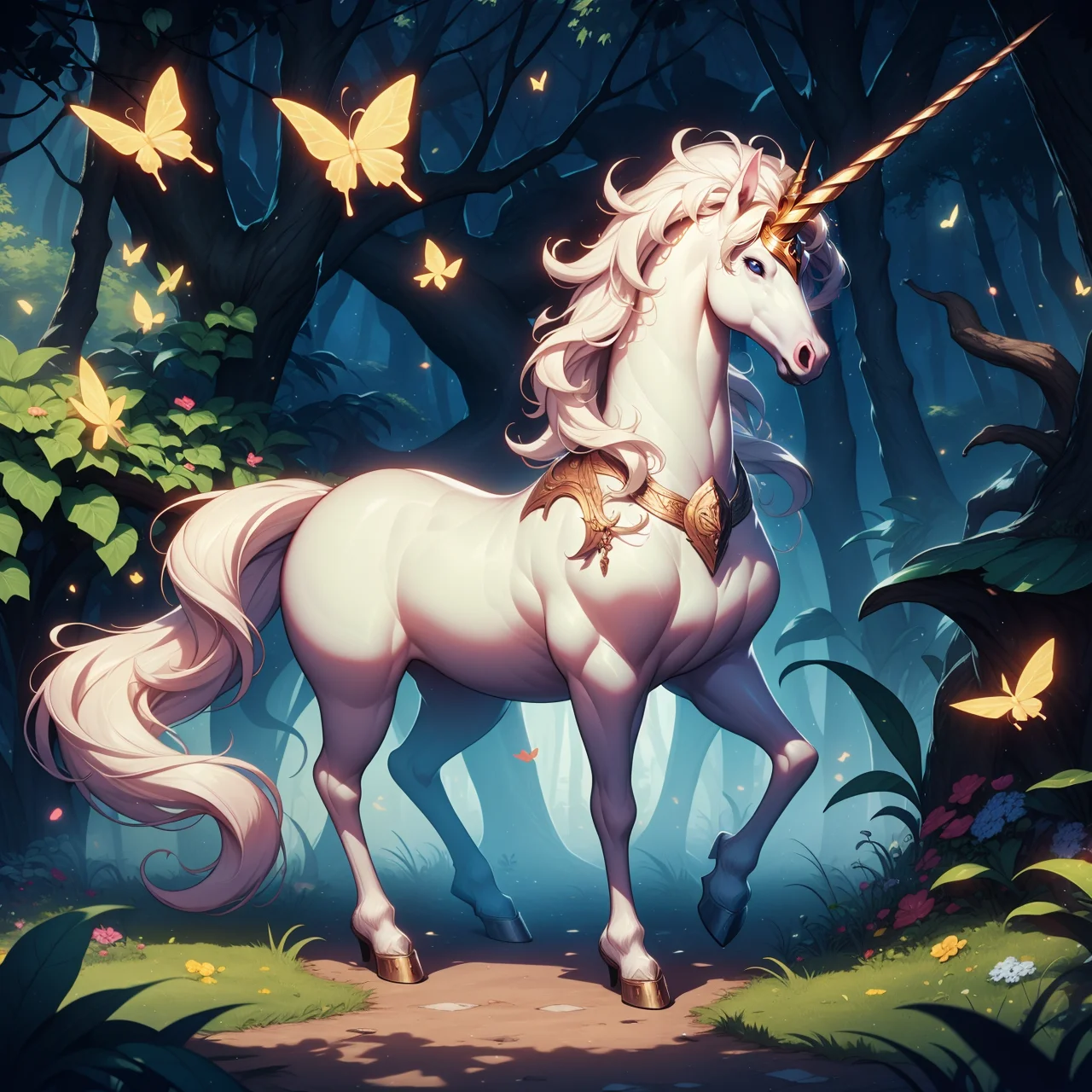 unicorn, <lora:unicorn-40:0.9> best quality, high quality, highres,enchanted forest, god rays, shadows, butterfly