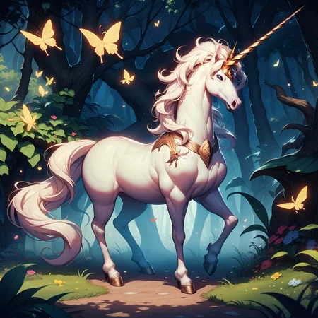 unicorn, <lora:unicorn-40:0.9> best quality, high quality, highres,enchanted  forest, god rays, shadows, butterfly