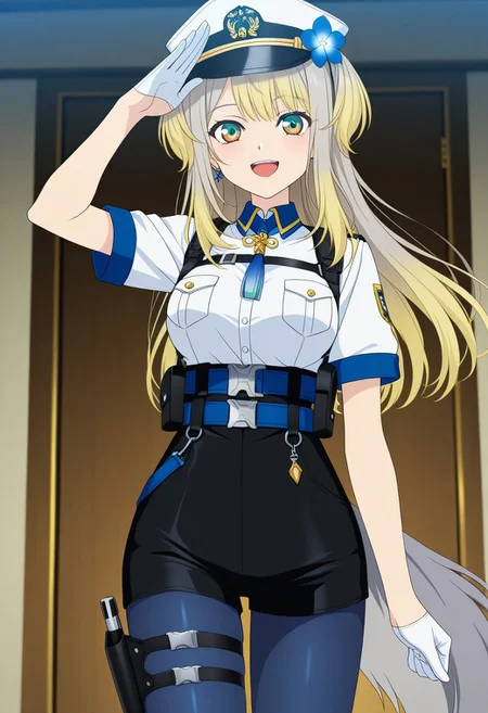 (indoor:1.3),shiny skin,shiny skin,score_9, score_8_up, score_7_up, source_anime, girl, masterpiece, sharp focus, best quality,Cinematic lighting, (anime screencap:2.5),( flat color:1.3),((anime screenshot:2.2)),((anime coloring:2.5)),ufotable, newest, absurdres,niji-ruri,medium breasts,green eyes,multicolored eyes,gray hair,blonde hair,multicolored hair,gradient hair,dog tail,gray tail,long hair,sidelocks,black hairband,niji-ruricos1,white shirt,short sleeves,blue neck tassel,harness,blue belt,holster,bottom belt,hip holster,high-waist shorts,tight shorts,black shorts,white gloves,half gloves,blue pantyhose,pantyhose under shorts,thigh strap,peaked cap,blue-flower ornament,ornament-trimmed cap,white cap,salute,smile,open mouth