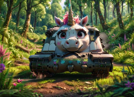<lora:Tortoise_Tank_SDXL:1> a cute trtsetnk tank disguised as a unicorn in a lush green forest <lora:Cute_3D_Cartoon:1>