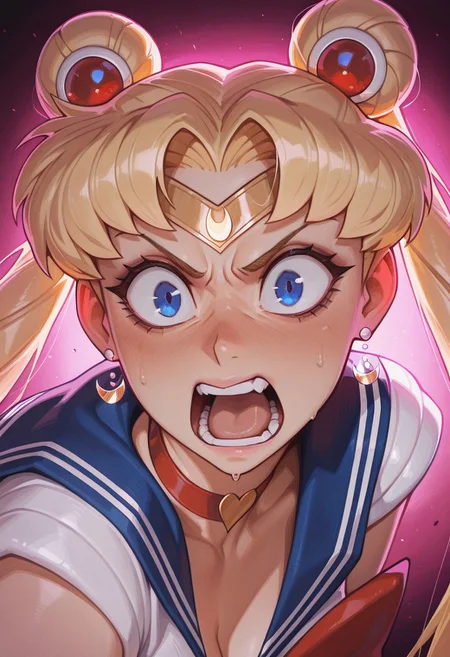 masterpiece, best quality, newest, absurdres, highres, dark lighting, pixelsketcher, fisheye view.
sailor moon, blonde hair, blue eyes, open mouth, aggressive, surprised, angry.
pink background