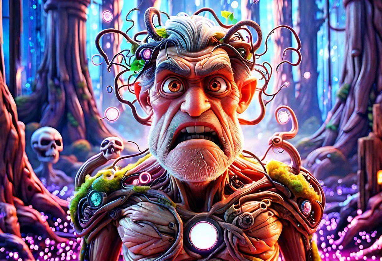 angry old man,cybernetic style Ultimate fusion of technology and allure, Cosmic Cyber Warrior. Embodying the creative genius of Jovana Rikalo, Brandon Woelfel, and Ross Tran, spectacular cosmic landscapes fraught with otherworldly conflict. Shimmering cables course beneath her translucent epidermis, connecting to powerful vertebrae that support a resplendent skull adorned with cascading neon undercut locks. Mysterious constellations twinkle ominously overhead, casting eerie shadows on the ground below. This masterpiece encapsulates the quintessential essence of science fiction, presenting a highly detailed exploration of extraterrestrial themes guaranteed to captivate audiences worldwide. . futuristic, technological, cybernetic enhancements, robotics, artificial intelligence themes,  8k picsmade of ral-mythfrst <lora:ral-mytfrst:1>
