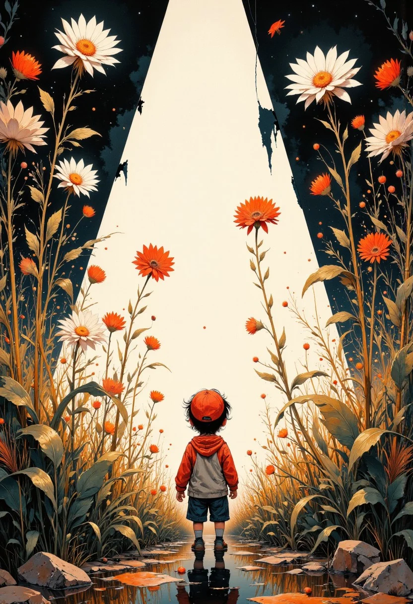 Create a beautifully detailed drawing capturing a fantastical world infused with nostalgia and shadowy intrigue. The style features clean, confident outlines with soft watercolor washes, balancing warmth and accessibility with intricate detail. The palette contrasts muted tones—warm ochres, soft reds, creamy whites—with stark, inky blacks, creating a dramatic interplay of light and shadow that evokes both innocence and mystery. The atmosphere blends vintage children’s book charm with an eerie undertone, as if balanced between reality and a shadowy dreamscape.
Characters should have naturalistic proportions and subtle expressiveness, their features gently exaggerated to reflect curiosity, resilience, or vulnerability. Dynamic shadow puppet figures may emerge in the background, their silhouettes adding to the narrative and reinforcing the duality of light and shadow. The focus will be on a specific subject—In a field of tall, swaying grasses, Henry notices shadow flowers growing beside the real ones, their dark shapes faintly outlined in silver. When the wind blows, the shadows ripple unnaturally, whispering secrets that only the night can hear—carefully integrated into the scene. The composition is grounded yet surreal, seamlessly merging whimsical simplicity with haunting, thought-provoking detail to invite wonder and introspection.