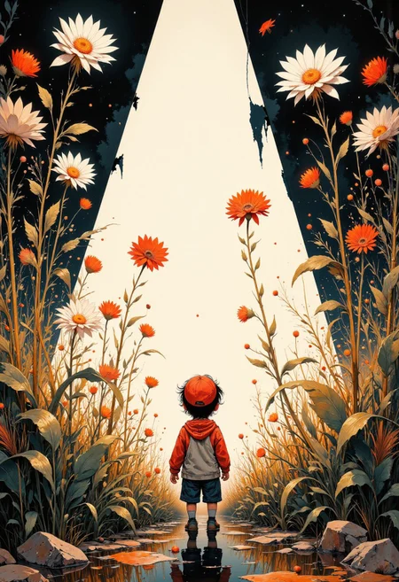 Create a beautifully detailed drawing capturing a fantastical world infused with nostalgia and shadowy intrigue. The style features clean, confident outlines with soft watercolor washes, balancing warmth and accessibility with intricate detail. The palette contrasts muted tones—warm ochres, soft reds, creamy whites—with stark, inky blacks, creating a dramatic interplay of light and shadow that evokes both innocence and mystery. The atmosphere blends vintage children’s book charm with an eerie undertone, as if balanced between reality and a shadowy dreamscape.
Characters should have naturalistic proportions and subtle expressiveness, their features gently exaggerated to reflect curiosity, resilience, or vulnerability. Dynamic shadow puppet figures may emerge in the background, their silhouettes adding to the narrative and reinforcing the duality of light and shadow. The focus will be on a specific subject—In a field of tall, swaying grasses, Henry notices shadow flowers growing beside the real ones, their dark shapes faintly outlined in silver. When the wind blows, the shadows ripple unnaturally, whispering secrets that only the night can hear—carefully integrated into the scene. The composition is grounded yet surreal, seamlessly merging whimsical simplicity with haunting, thought-provoking detail to invite wonder and introspection.