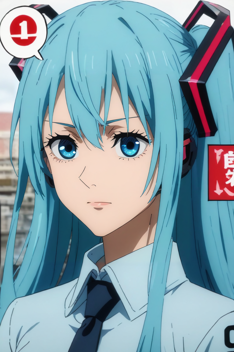 score_9, score_8_up, score_7_up, source_anime, rating_safe, , anime screencap, , , looking at viewer, upper body, depth of field, 1girl, hatsune miku, blue eyes, blue hair, solo, Pictograph, <lora:jujutsu_kaisen_style_pony:0.88>, jujutsu_kaisen_style, <lora:sdxl_lightning_8step_lora:1>