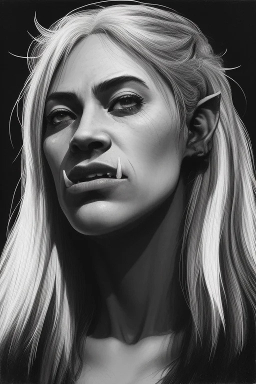woman, tusks, orc, close up, walking, blue eyes, dark blonde hair, long unkempt hair, Sketch, Manga Sketch, Pencil drawing, Black and White, Manga, Manga style, Low detail, Line art, vector art, Monochromatic, by katsuhiro otomo and masamune shirow and studio ghilibi and yukito kishiro